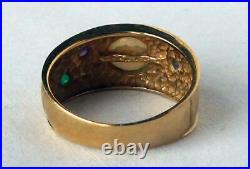 14k Gold Genuine Pearl Bezel Set Ruby Sapphire Emerald Wide Band Ring Brushed