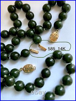 14k Gold Green Nephrite Jade Bead Knotted Necklace 25 8mm + Bracelet Vintage