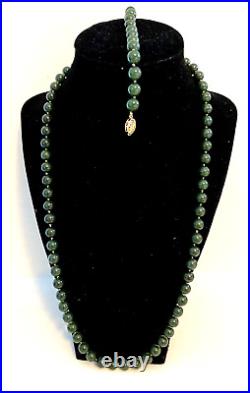 14k Gold Green Nephrite Jade Bead Knotted Necklace 25 8mm + Bracelet Vintage