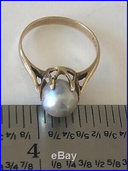 14k Gold Grey Solitaire Pearl Ring Victorian Crown Setting 2.6 Gr Sz 8 Antique