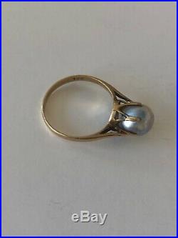 14k Gold Grey Solitaire Pearl Ring Victorian Crown Setting 2.6 Gr Sz 8 Antique