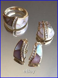 14k Gold MOP Inlaid Mother Of Pearl Diamond Ring, Pendant And Earrings Set