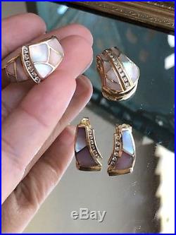 14k Gold MOP Inlaid Mother Of Pearl Diamond Ring, Pendant And Earrings Set