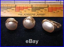 14k Gold Mabe Pearl Ring + Pierced Earrings Set