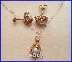 14k Gold Mikimoto Pearl Pendant Necklace Earrings Set