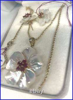 14k Gold Mother Of Pearl & Rubies Dogwood Blossom Necklace & Earrings 14k Gold Mother Of Pearl & Rubies Dogwood Blossom Necklace & Earrings