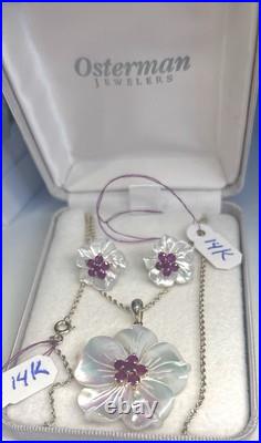 14k Gold Mother Of Pearl & Rubies Dogwood Blossom Necklace & Earrings 14k Gold Mother Of Pearl & Rubies Dogwood Blossom Necklace & Earrings