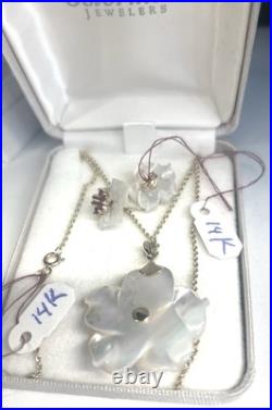 14k Gold Mother Of Pearl & Rubies Dogwood Blossom Necklace & Earrings 14k Gold Mother Of Pearl & Rubies Dogwood Blossom Necklace & Earrings