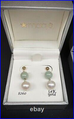 14k Gold Necklace And Earrings Set, Freshwater Pearl and Jade