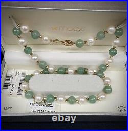 14k Gold Necklace And Earrings Set, Freshwater Pearl and Jade
