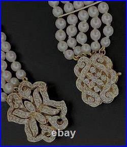 14k Gold Necklace Bracelet Set Diamonds White Pearls 5 Rows Natural Choker
