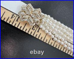 14k Gold Necklace Bracelet Whitehall Set Diamond White Pearls 5 Rows Choker