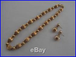 14k Gold Necklace and Earring Set Bead Textured Tubes