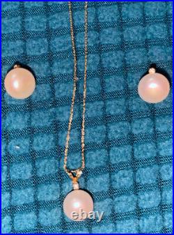 14k Gold Pearl & Diamond 19Necklace & Earrings Set Pre owned