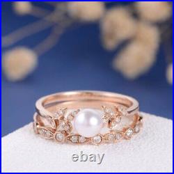 14k Gold Pearl Diamond Bridal Set Art Deco Engagement Engagement Ring For Women