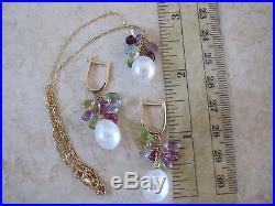 14k Gold Pearl Earrings Pendant-Necklace Set Peridot Amethyst Topaz Citrine Gar