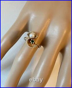 14k Gold Pearl & Emerald Ring in Fancy 14k Swirling Fan Setting Sz 6.5 Estate