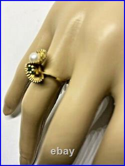 14k Gold Pearl & Emerald Ring in Fancy 14k Swirling Fan Setting Sz 6.5 Estate