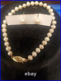 14k Gold Pearl Necklace/bracelets/ Earring Set Signed PJS