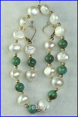14k Gold Pearl Turquoise Earrings & Bracelet Set