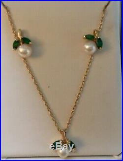 14k Gold Pearl and Emerald Earrings and Pendant Set