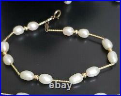 14k Gold Pearl and Gold Bar Necklace and Bracelet Set