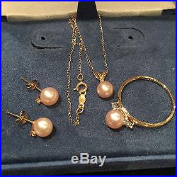 14k Gold Pink Cultured Pearl and Diamond Earrings/ Necklace/Ring Set