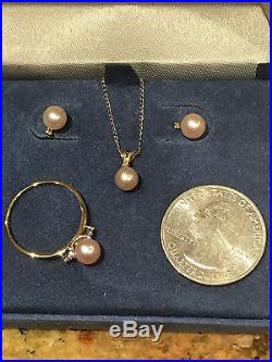 14k Gold Pink Cultured Pearl and Diamond Earrings/ Necklace/Ring Set
