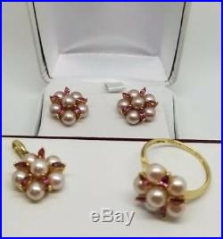 14k Gold Pink Tourmaline and Pink Pearl Ladies Ring Pendant Earring Set