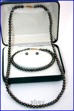 14k Gold RTI Genuine Black Freshwater Pearl Set Necklace, Bracelet & Earrings