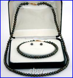 14k Gold RTI Genuine Black Freshwater Pearl Set Necklace, Bracelet & Earrings