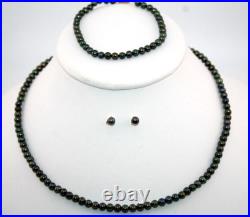14k Gold RTI Genuine Black Freshwater Pearl Set Necklace, Bracelet & Earrings