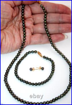 14k Gold RTI Genuine Black Freshwater Pearl Set Necklace, Bracelet & Earrings