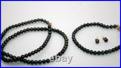 14k Gold RTI Genuine Black Freshwater Pearl Set Necklace, Bracelet & Earrings