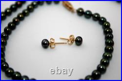14k Gold RTI Genuine Black Freshwater Pearl Set Necklace, Bracelet & Earrings