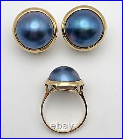 14k Gold Round Blue Mabe Pearl Earrings and Ring SET Size 7.25