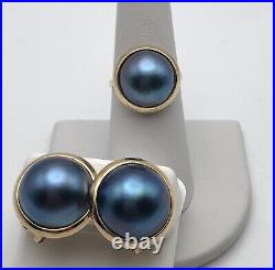 14k Gold Round Blue Mabe Pearl Earrings and Ring SET Size 7.25