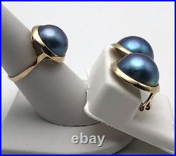 14k Gold Round Blue Mabe Pearl Earrings and Ring SET Size 7.25