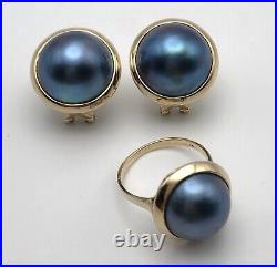 14k Gold Round Blue Mabe Pearl Earrings and Ring SET Size 7.25