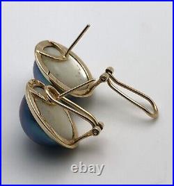 14k Gold Round Blue Mabe Pearl Earrings and Ring SET Size 7.25