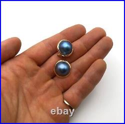 14k Gold Round Blue Mabe Pearl Earrings and Ring SET Size 7.25