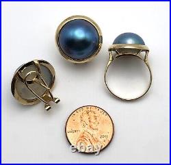 14k Gold Round Blue Mabe Pearl Earrings and Ring SET Size 7.25