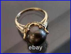 14k Gold Tahitian Black Pearl And Diamonds Ring And Earrings Set