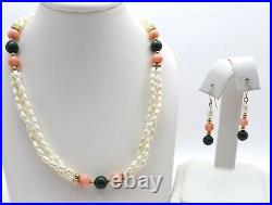 14k Gold Triple Strand Pearl Coral Malachite Bead Necklace Dangle Earrings Set