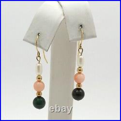 14k Gold Triple Strand Pearl Coral Malachite Bead Necklace Dangle Earrings Set
