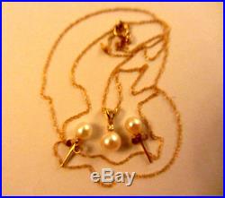 14k Gold White Pearl and Diamond Necklace Earring Set 18-1/4- 1.26g