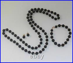 14k ONYX BEAD 3 PIECE SET Necklace Earrings Bracelet