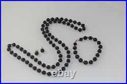 14k ONYX BEAD 3 PIECE SET Necklace Earrings Bracelet