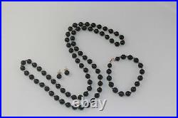 14k ONYX BEAD 3 PIECE SET Necklace Earrings Bracelet