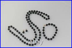 14k ONYX BEAD 3 PIECE SET Necklace Earrings Bracelet